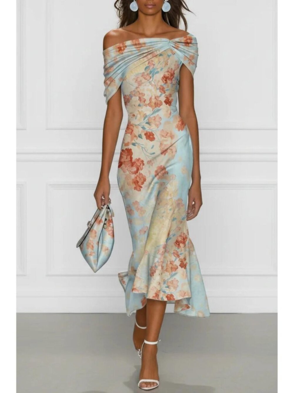 Fehaute Blue Floral One Shoulder Mermaid Midi Dress formal wedding guest party